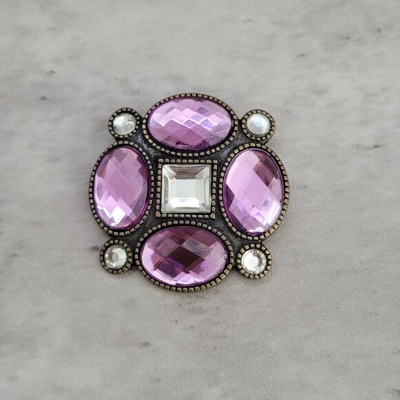 Vintage Statement Brooch Pin Faceted Glass Rhinestone Brass Metal Art Deco 1930s - Picture 2 of 14